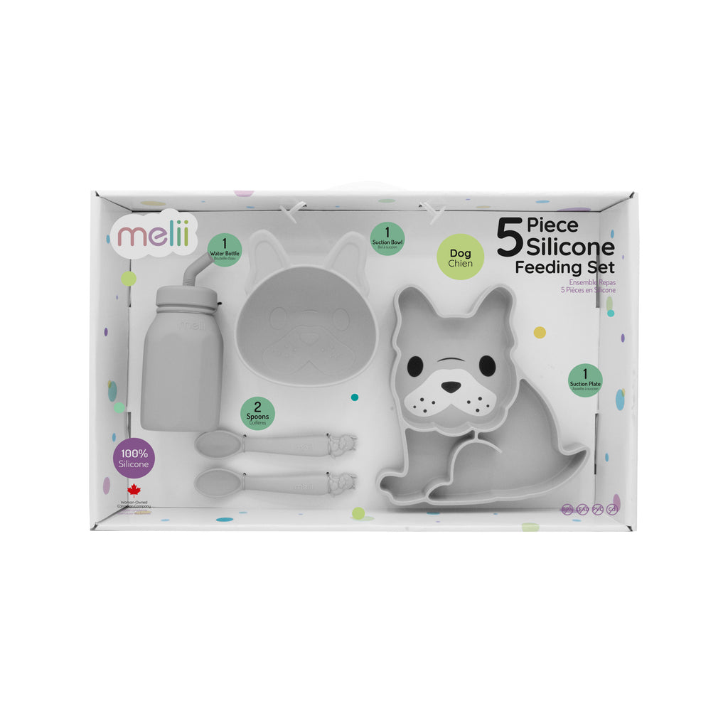 5 Piece 100% Silicone Feeding Set- Divided Suction Plate, Suction Bowl, Milk Bottle with Straw and 2 Silicone Spoons