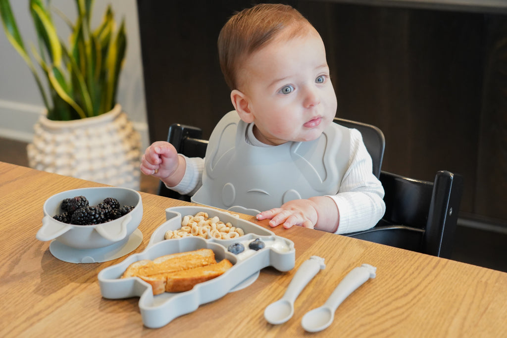 5 Piece 100% Silicone Feeding Set- Divided Suction Plate, Suction Bowl, Milk Bottle with Straw and 2 Silicone Spoons