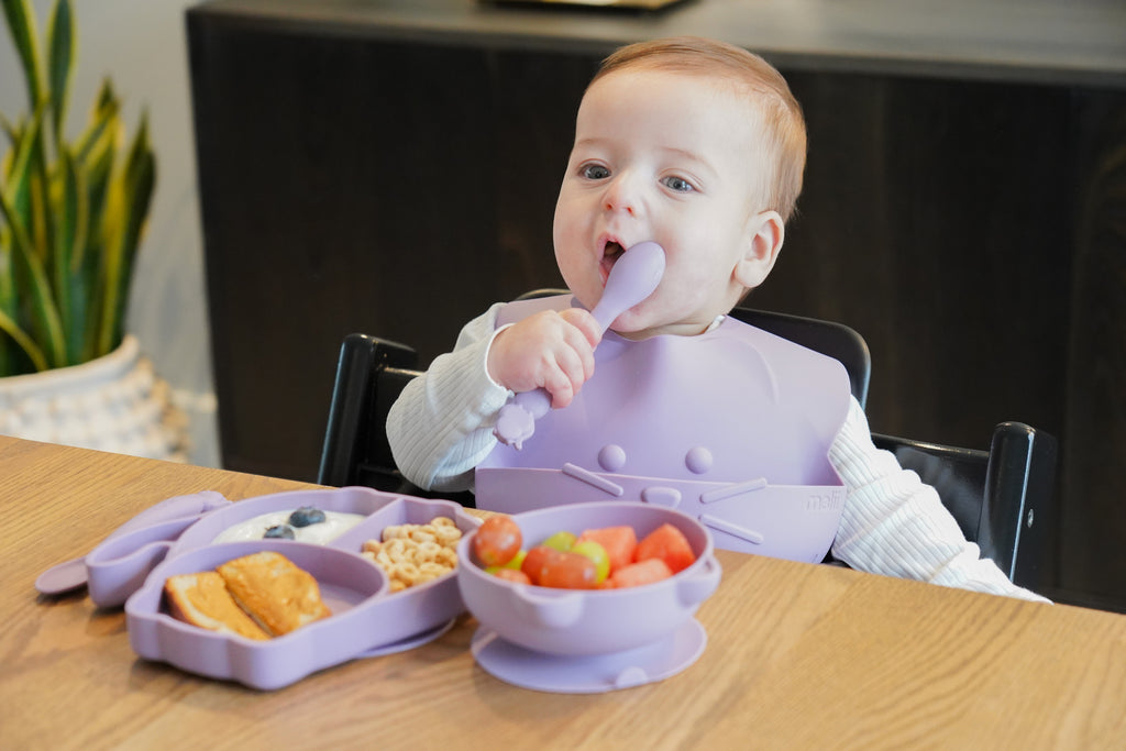 5 Piece 100% Silicone Feeding Set- Divided Suction Plate, Suction Bowl, Milk Bottle with Straw and 2 Silicone Spoons