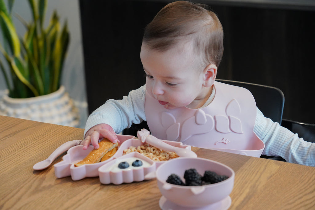 5 Piece 100% Silicone Feeding Set- Divided Suction Plate, Suction Bowl, Milk Bottle with Straw and 2 Silicone Spoons