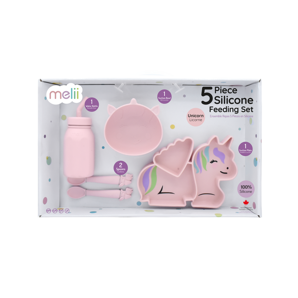 5 Piece 100% Silicone Feeding Set- Divided Suction Plate, Suction Bowl, Milk Bottle with Straw and 2 Silicone Spoons